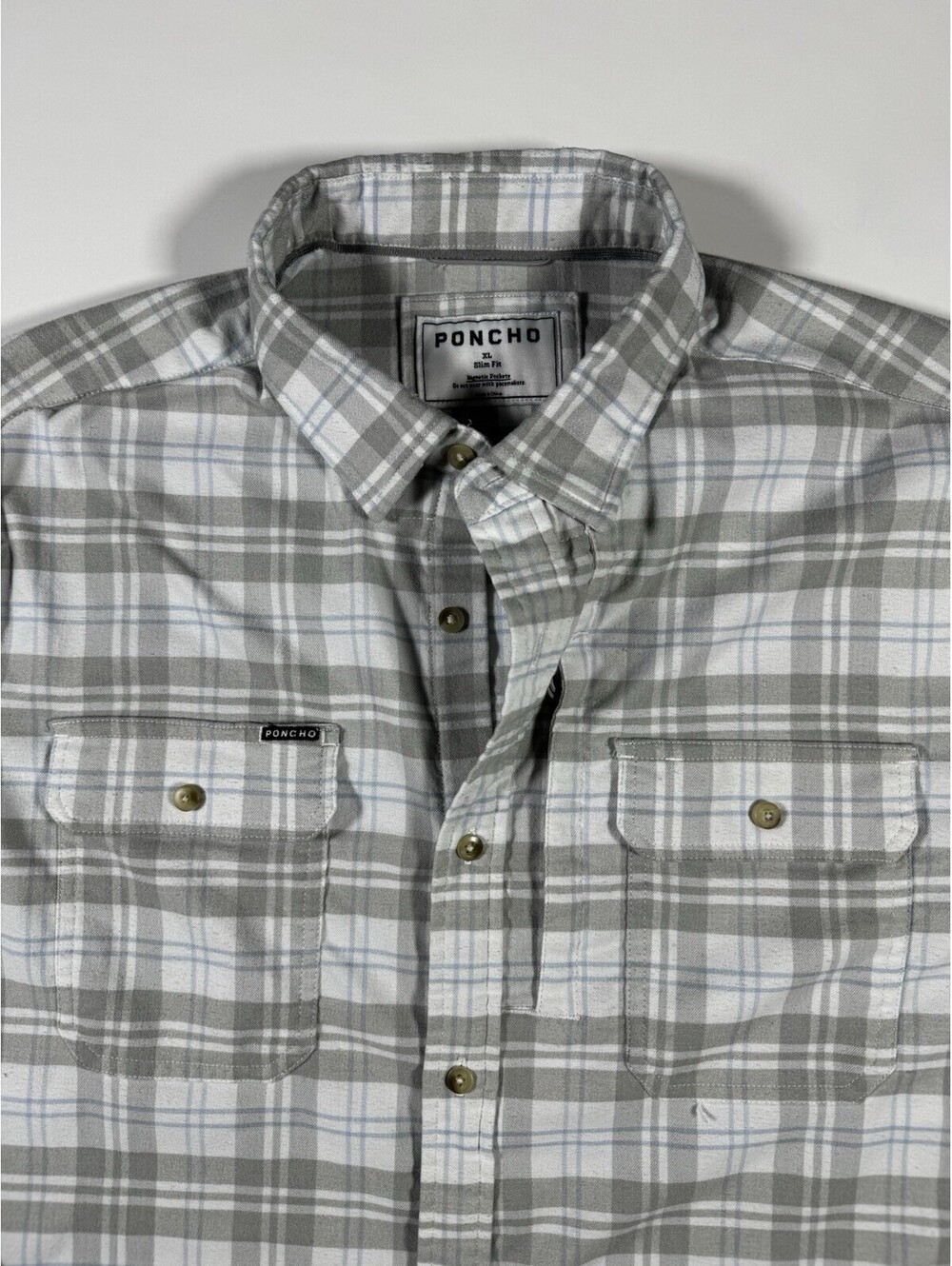 Poncho Outdoors Fishing Shirt Mens XL Slim Fit Blue Grey Plaid Magnetic Pockets